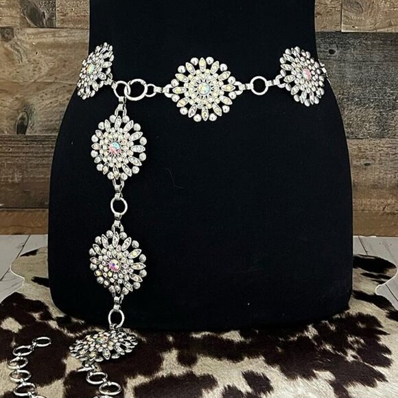 Rhinestone Concho Floral Flower Metal Link Belt Aurora Borealis AB Accents main image 5